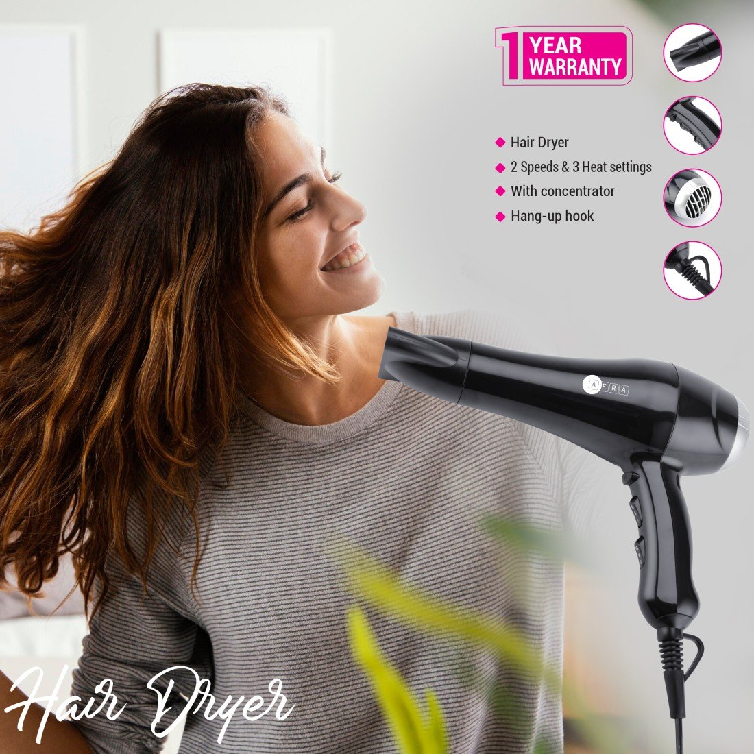 AFRA Hair Dryer 2300W – 2 Speeds, 3 Heat Settings, Cool Shot & Easy Clean – AF-2309HDBK - Image 2