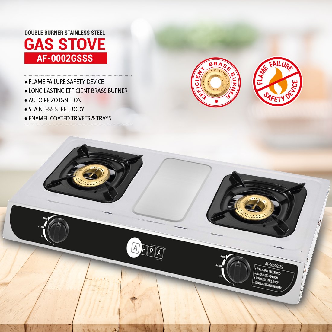 AFRA 2-Burner Gas Stove, Battery Ignition, Stainless Steel, Safety Certified – AF-0002GSSS - Image 2