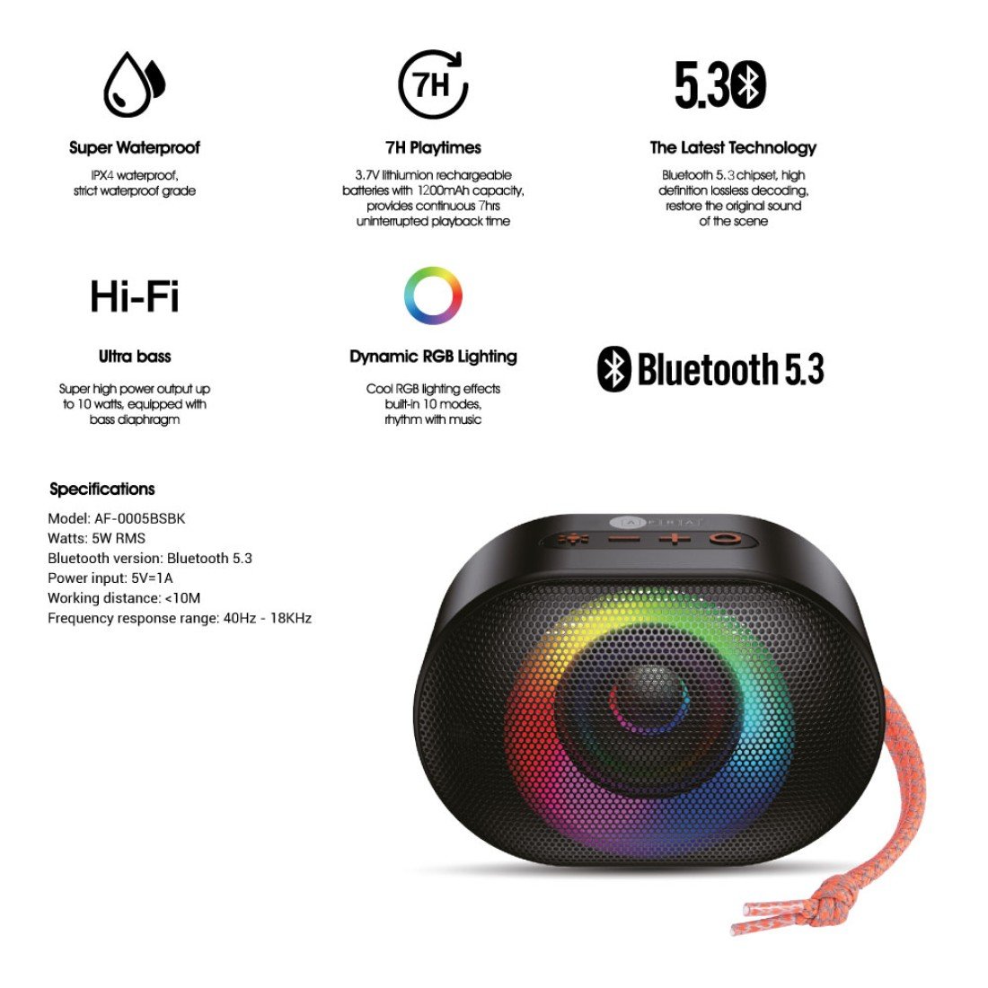 AFRA Bluetooth Speaker | 5W Ultra Bass | RGB Lights | 7H Playtime | Portable Black | AF-0005BSBK - Image 3