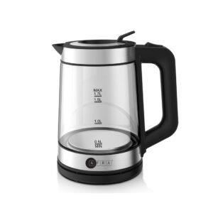 AFRA Electric Kettle 2200W – 1.7L Glass & Silver, Auto Shut-Off, AF-171850KTGS