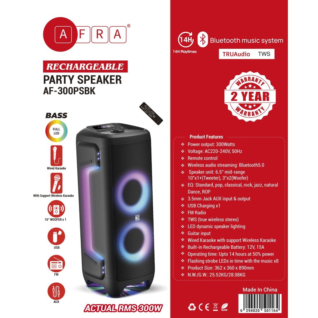 AFRA Party Speaker | 300W Power | Karaoke Mic | FM Radio | 15A Battery | AF-300PSBK - Image 6
