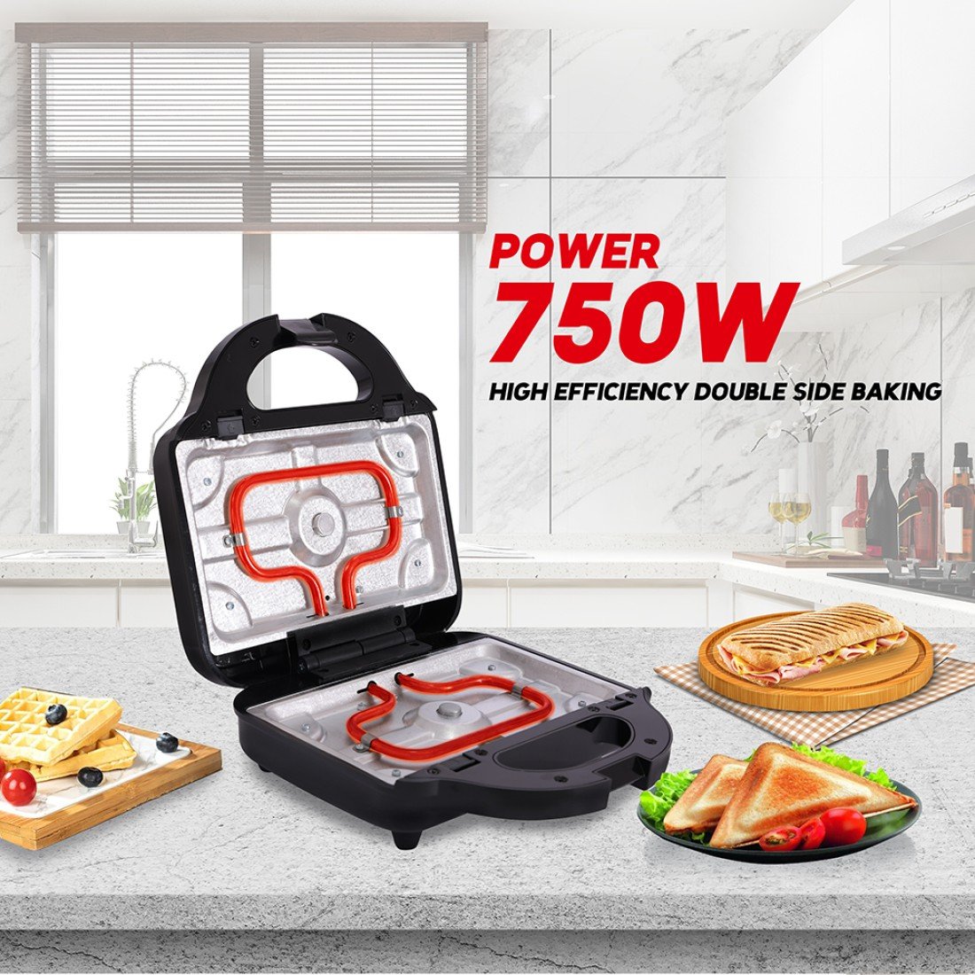AFRA 3-in-1 750W Sandwich Maker – Detachable Non-Stick Plates: Grill, Waffle, Sandwich – AF-8023SMSS - Image 4