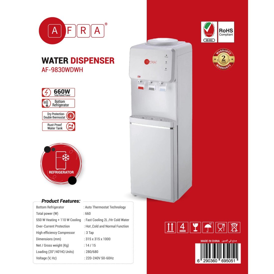 AFRA Top Load Water Dispenser with Bottom Refrigerator – 3 Tap, White, AF-9830WDWH - Image 5