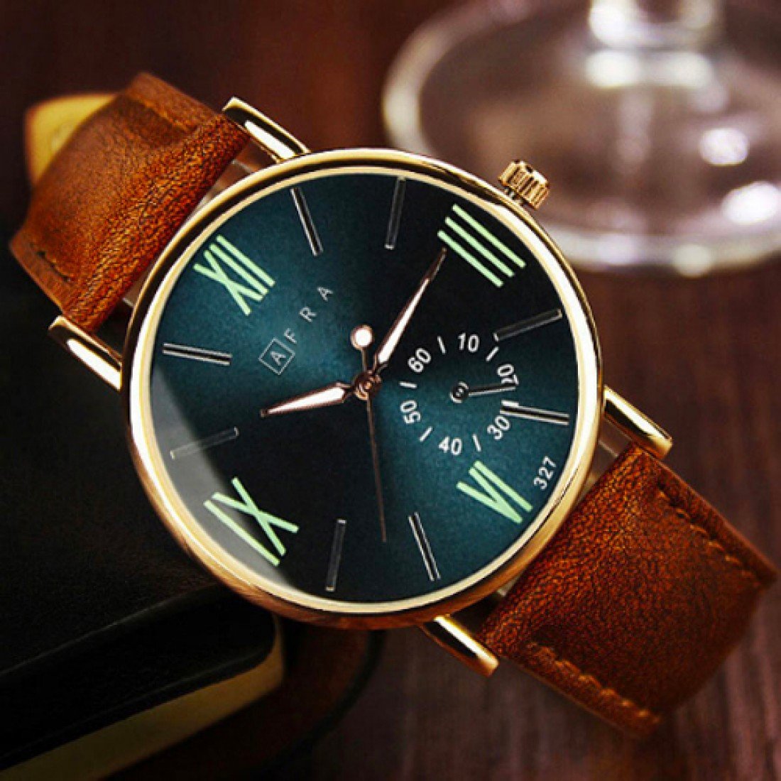 AFRA Triton Gents Watch | Rose Gold Case | Blue Dial | Brown Leather Strap | Model AF10802 - Image 2