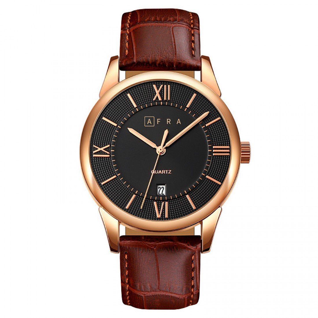 AFRA Oberon Gents Watch | Rose Gold Case | Black Dial | Brown Leather Strap | AF11602