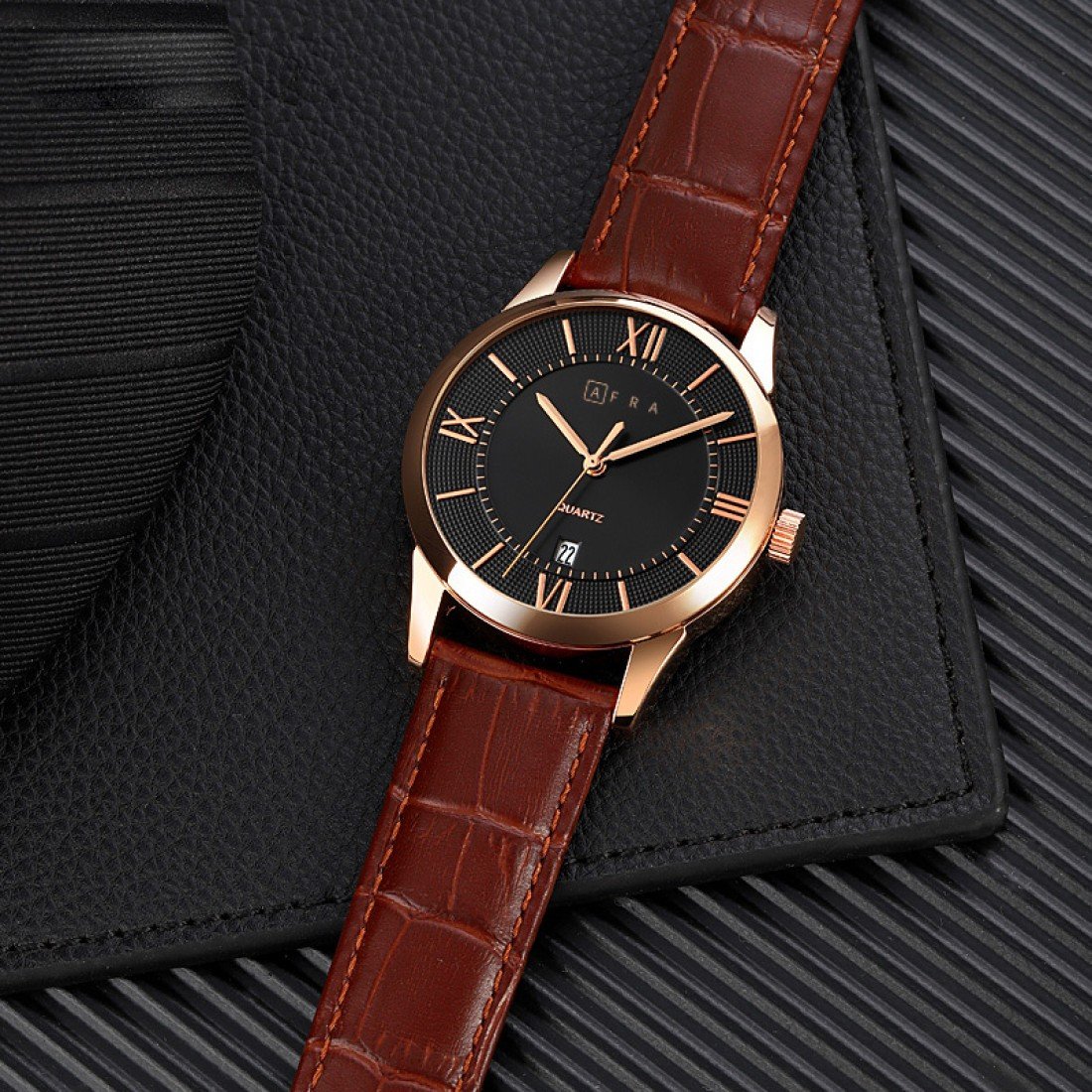 AFRA Oberon Gents Watch | Rose Gold Case | Black Dial | Brown Leather Strap | AF11602 - Image 3