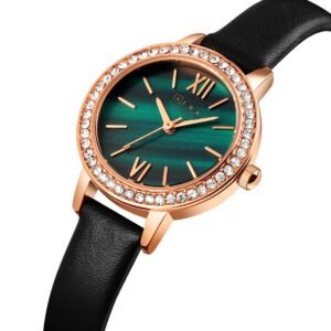 AFRA Ornate Ladies Watch | Rose Gold Case | Green Dial | Black Leather Strap | Elegant Style | AF21302