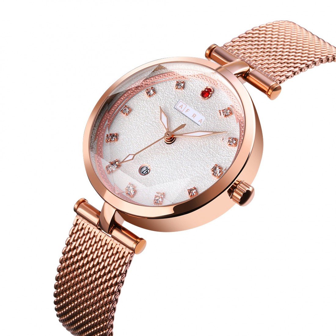 AFRA Regina Ladies Watch | Rose Gold Case | White Dial | Rose Gold Mesh Bracelet | AF21601