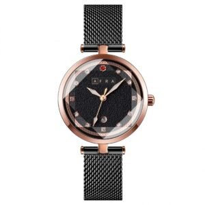 AFRA Regina Ladies Watch | Rose Gold Case | Black Dial | Black Mesh Bracelet | AF21603