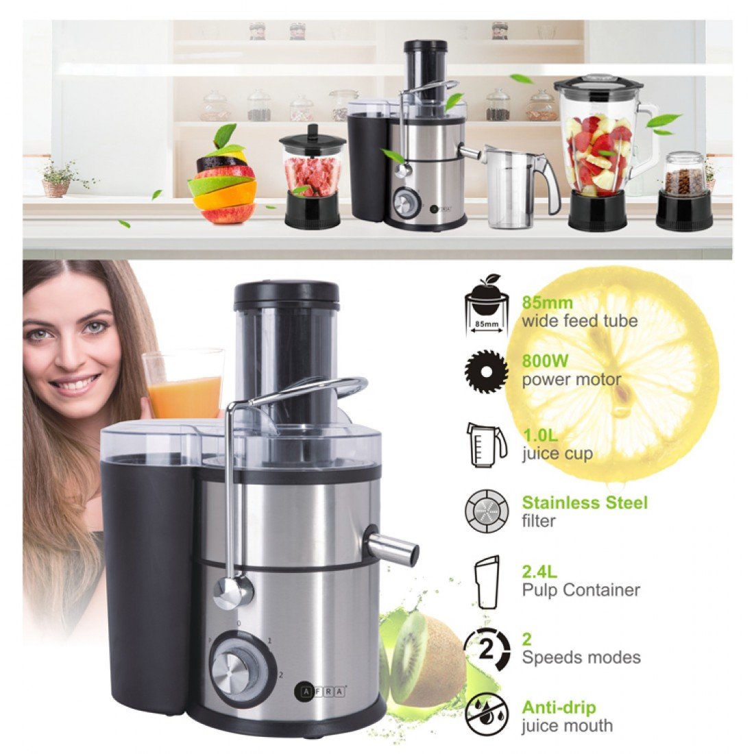 AFRA 4-in-1 Juicer & Blender, 1.5L Glass Jar, Meat Chopper, Grinder, 5 Speeds – AF-800JCBK - Image 11