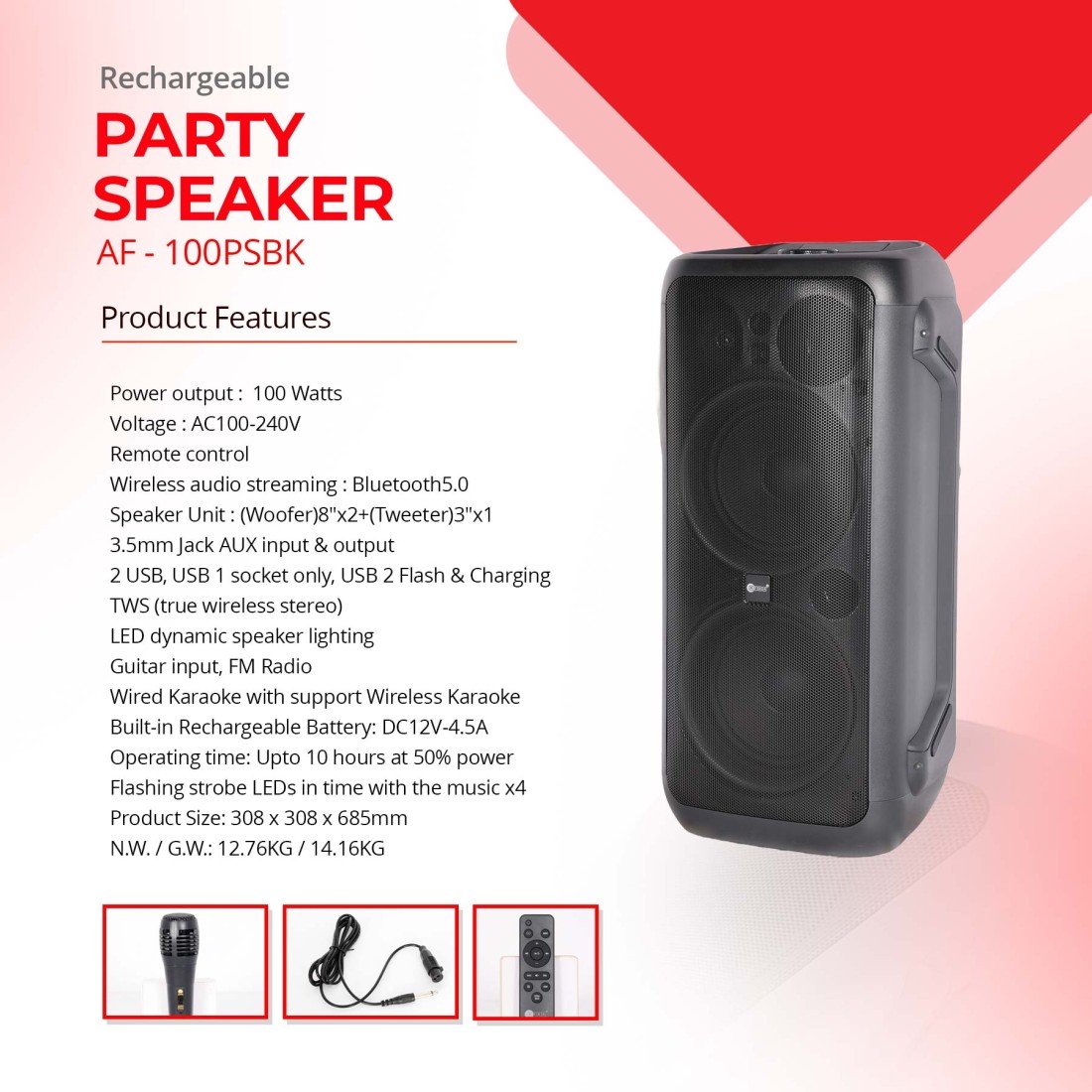 AFRA Party Speaker | 100W | Wheels & Side Handle | Remote Control | AF-100PSBK - Image 8