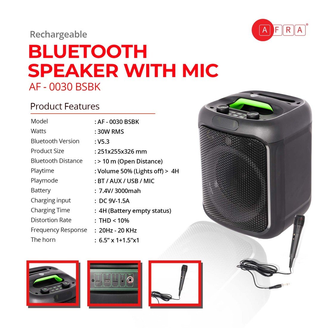 AFRA Bluetooth Speaker | 30W Ultra Bass | RGB Lighting | Rechargeable Battery | AF-0030BSBK - Image 7